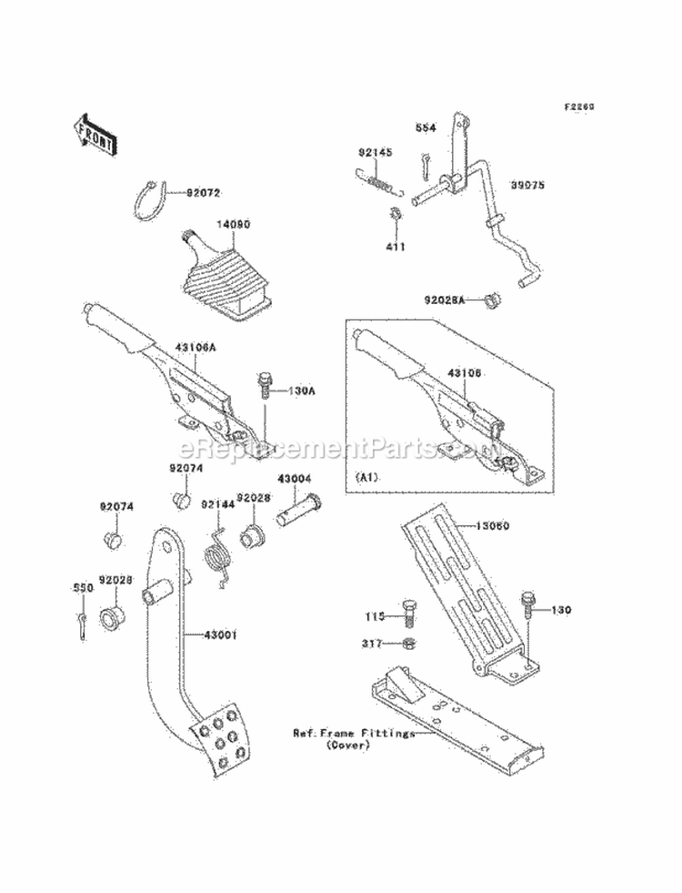 Brake Pedal/Throttle Lever Diagram and Parts List for KAF950-A3  Kawasaki 