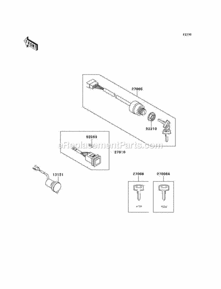 Ignition Switch Diagram and Parts List for KAF950-B1  Kawasaki 