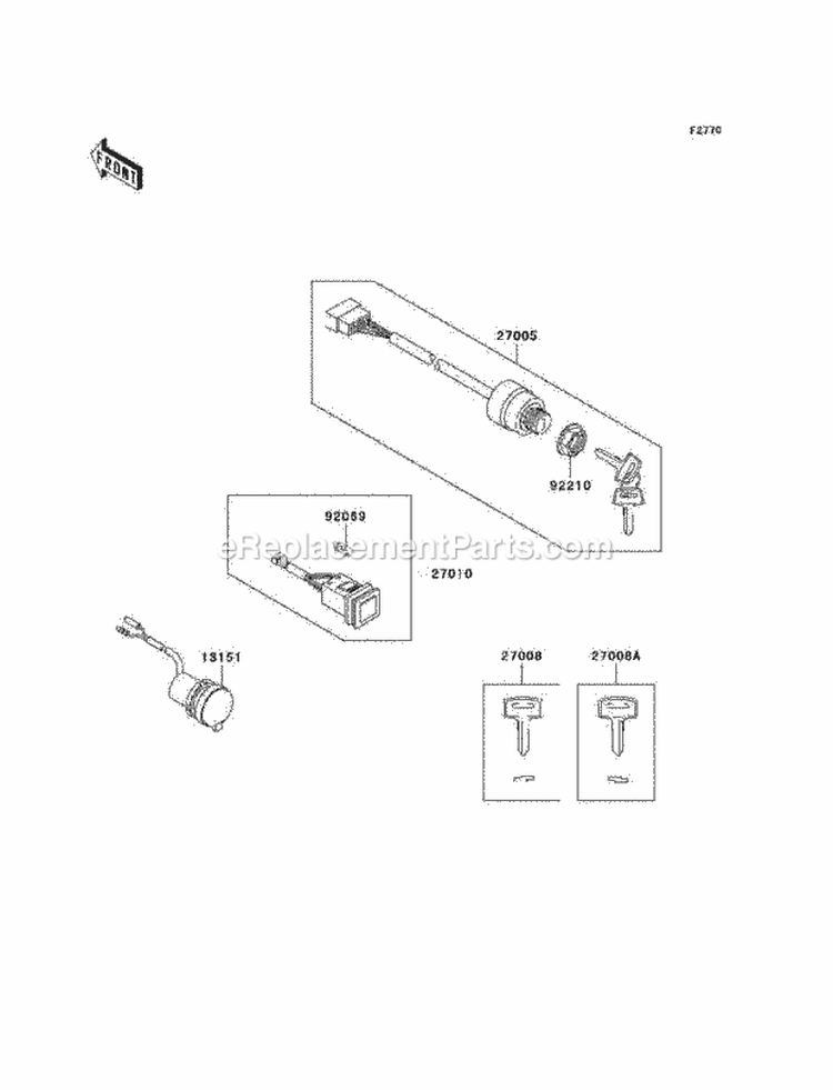 Ignition Switch Diagram and Parts List for KAF950-B3 2005 Kawasaki 