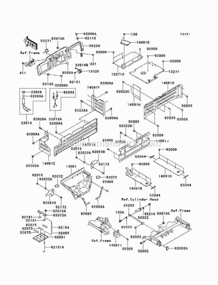 Frame Fittings Diagram and Parts List for KAF950-C7F 2007 Kawasaki 
