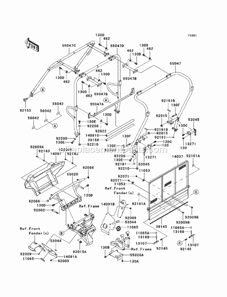 Guards/Cab Frame Diagram and Parts List for KAF950-GBF 2011 Kawasaki 