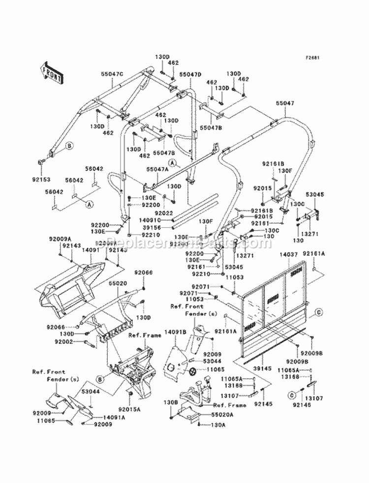 Guards/Cab Frame Diagram and Parts List for KAF950-HAF 2010 Kawasaki 