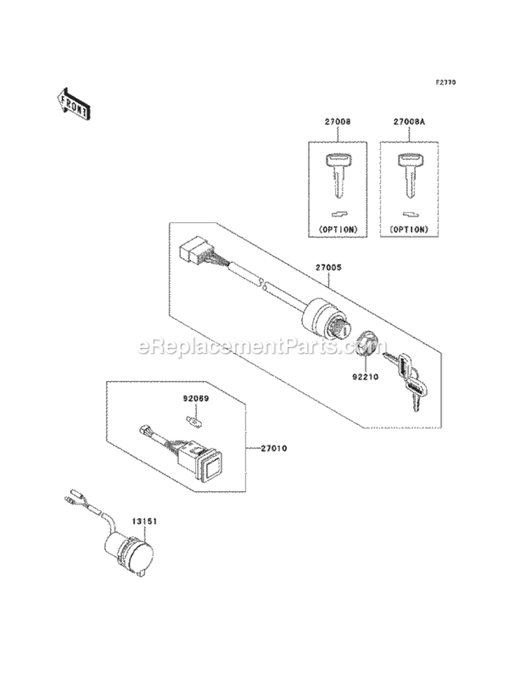 Ignition Switch Diagram and Parts List for KAF620-R9F 2009 Kawasaki 