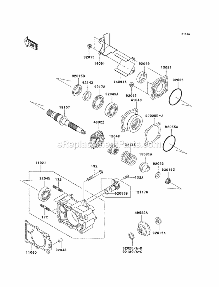 Bevel Gear Case Diagram and Parts List for KAF620-R9F 2009 Kawasaki 