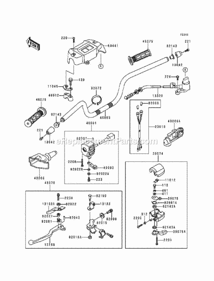 Handlebar Diagram and Parts List for KEF300-A4 1998 Kawasaki 