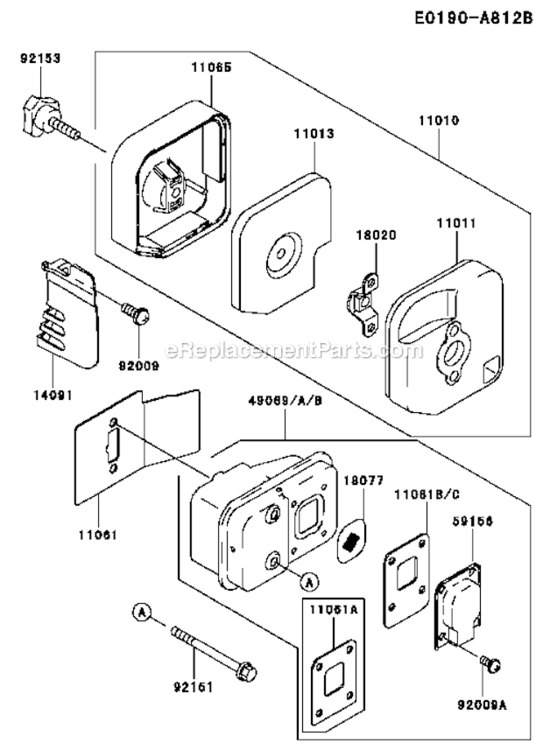 Air-FilterMuffler Diagram and Parts List for KHT750S  Kawasaki Hedge Trimmer