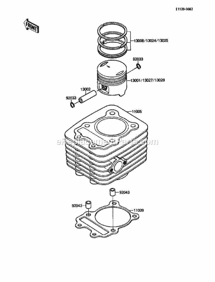 Cylinder/Piston, S Diagram and Parts List for KLF110-A2 1988 Kawasaki 