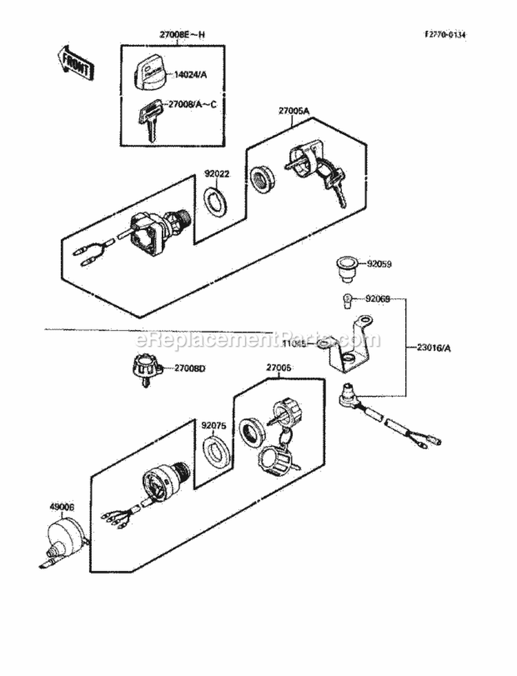 Ignition Switch Diagram and Parts List for KLF110-B2 1988 Kawasaki 