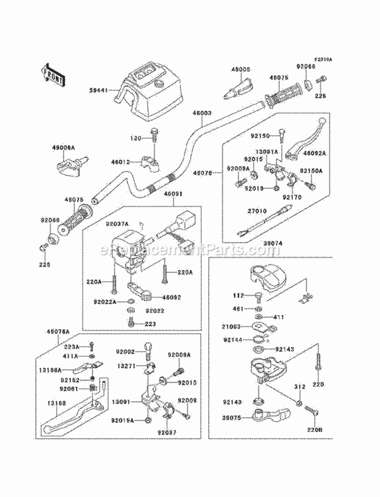 Handlebar Diagram and Parts List for KLF220-A14 2001 Kawasaki 