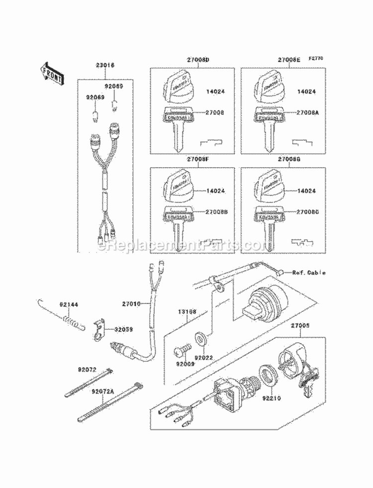 Ignition Switch Diagram and Parts List for KLF220-A14 2001 Kawasaki 