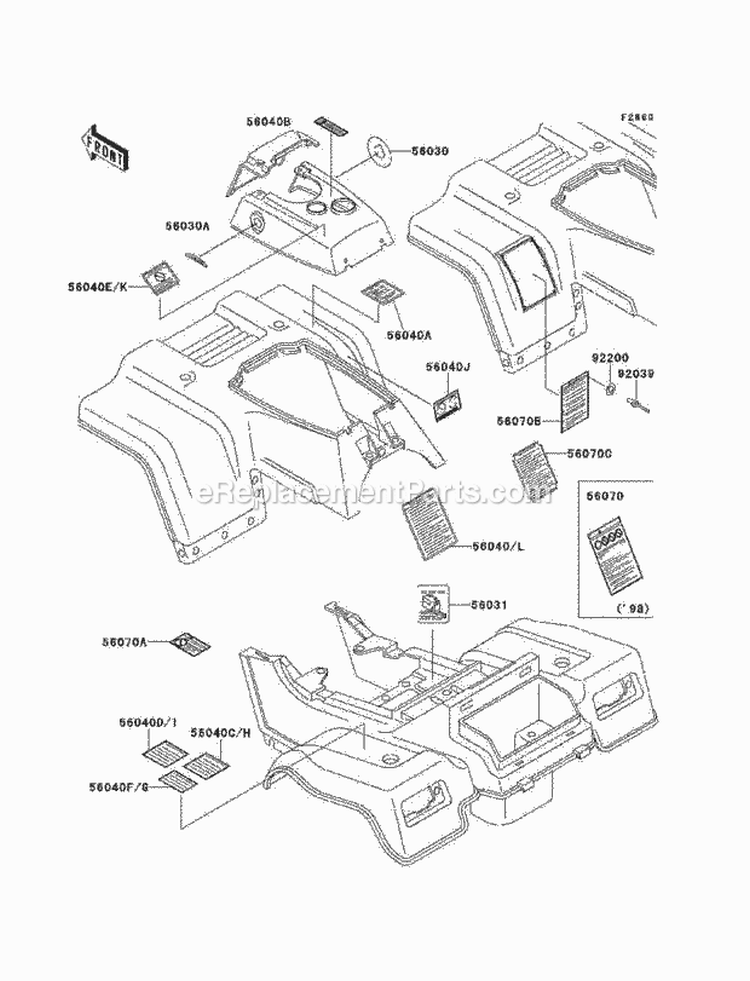 Labels Diagram and Parts List for KLF220-A14 2001 Kawasaki 