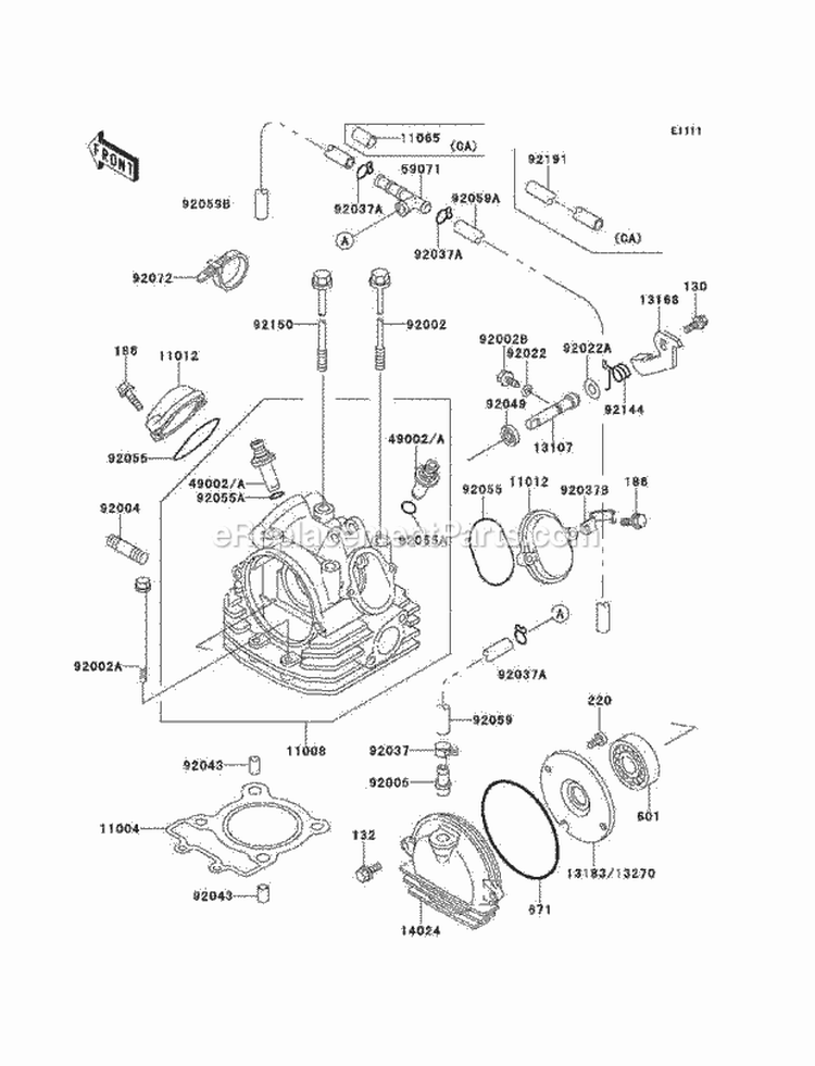 Cylinder Head Diagram and Parts List for KLF220-A14 2001 Kawasaki 
