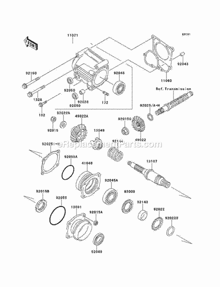 Front Bevel Gear Diagram and Parts List for KLF220-A14 2001 Kawasaki 