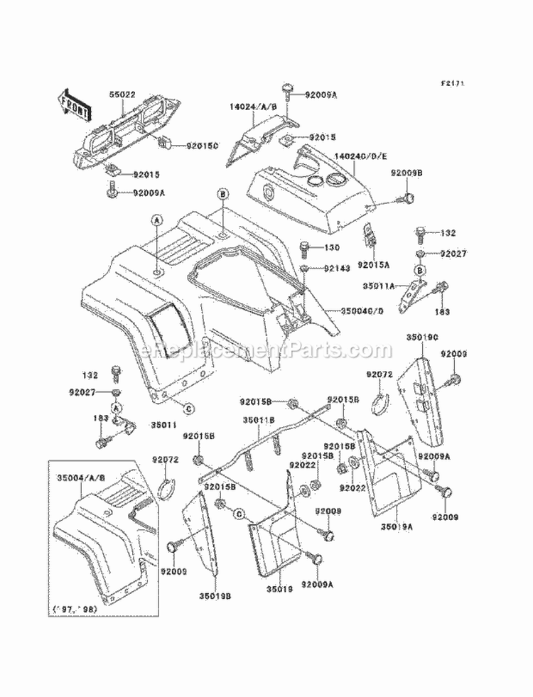 Front Fender, S Diagram and Parts List for KLF220-A12 1999 Kawasaki 