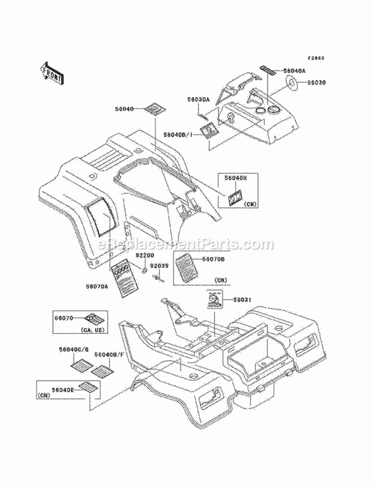 Labels Diagram and Parts List for KLF220-A15 2002 Kawasaki 