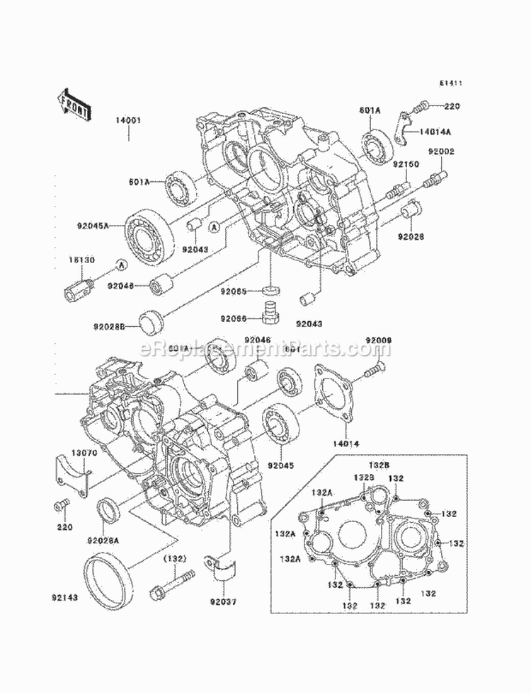 Crankcase Diagram and Parts List for KLF220-A10 1997 Kawasaki 