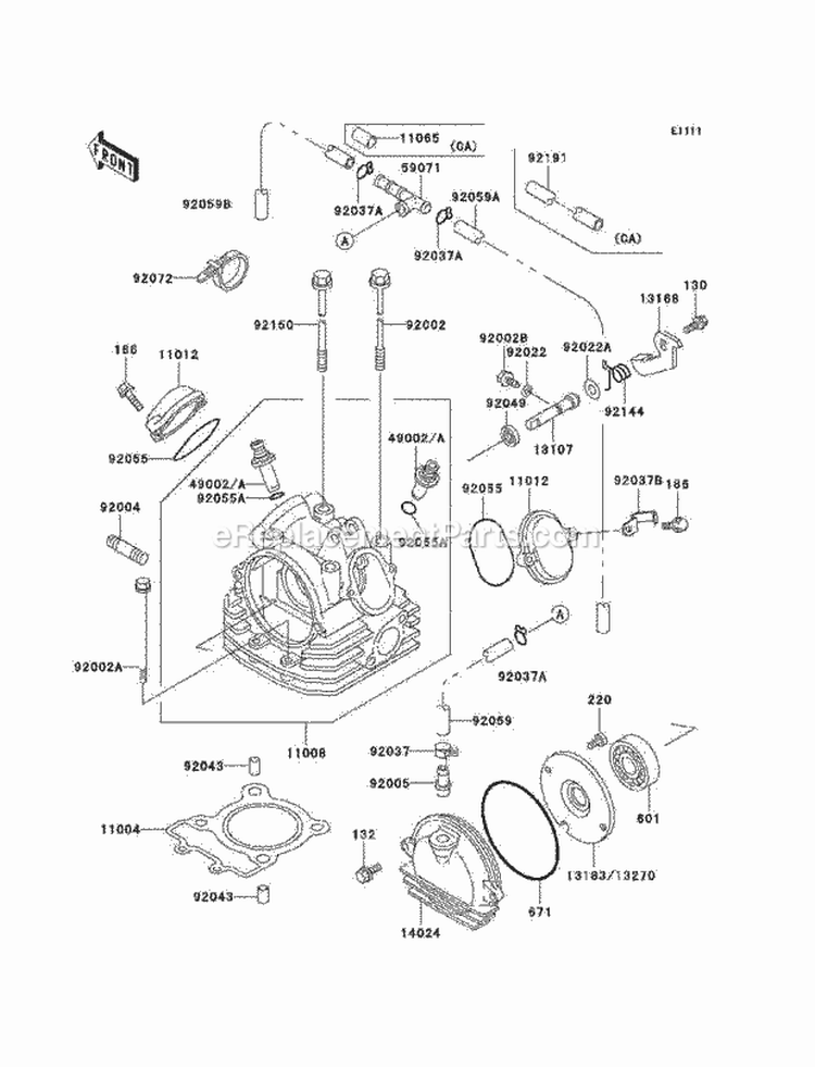 Cylinder Head Diagram and Parts List for KLF220-A11 1998 Kawasaki 