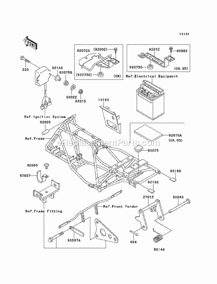 Battery Case Diagram and Parts List for KLF220-A10 1997 Kawasaki 
