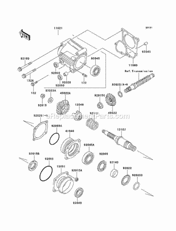 Front Bevel Gear Diagram and Parts List for KLF220-A10 1997 Kawasaki 