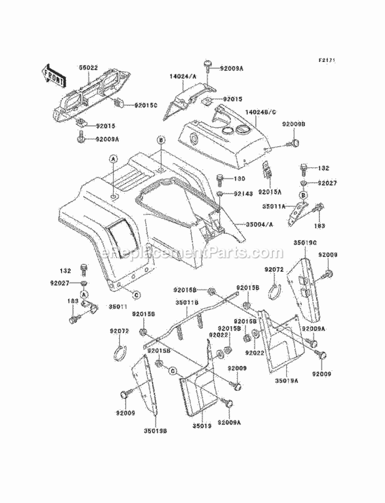 Front Fender, S Diagram and Parts List for KLF220-A15 2002 Kawasaki 