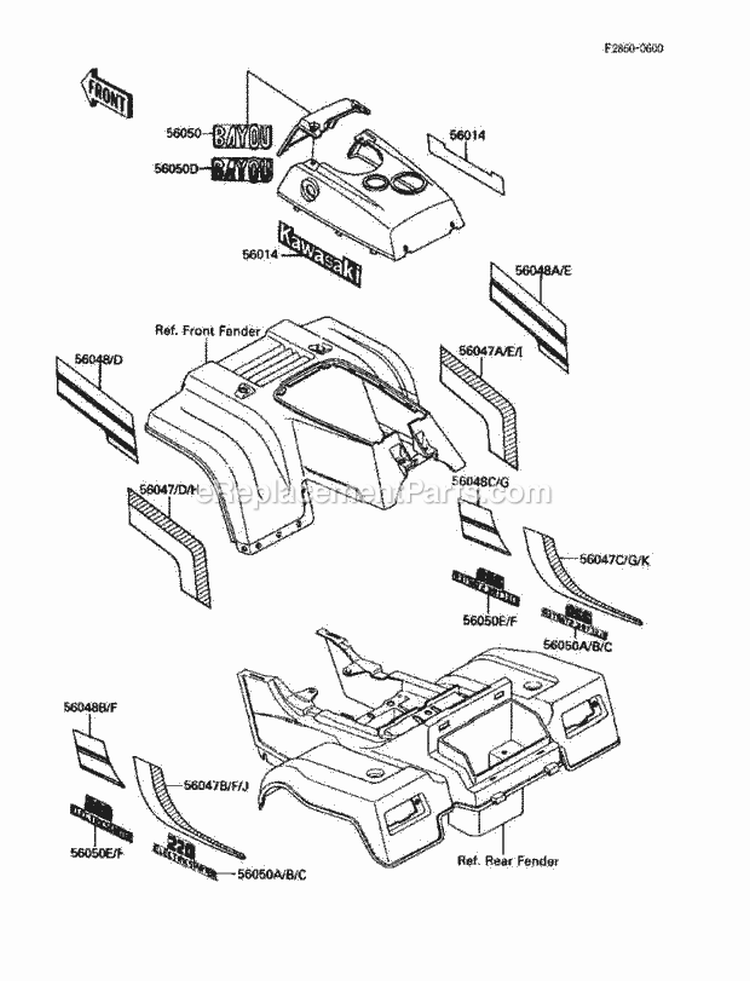 Decal Diagram and Parts List for KLF220-A2 1989 Kawasaki 