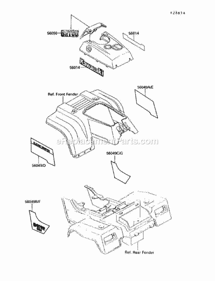 Decals Diagram and Parts List for KLF220-A3 1990 Kawasaki 