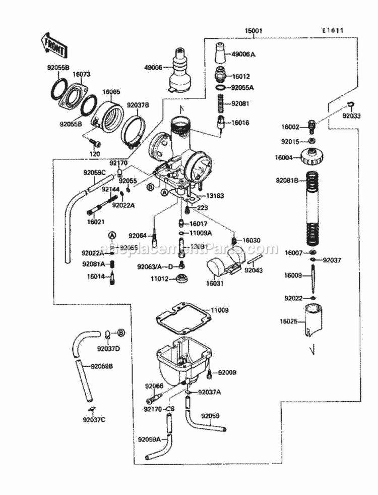 Carburetor Diagram and Parts List for KLF220-A3 1990 Kawasaki 