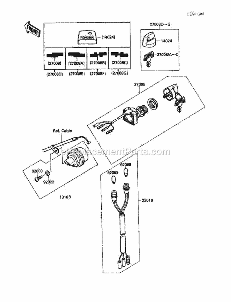 Ignition Switch Diagram and Parts List for KLF220-A5 1992 Kawasaki 