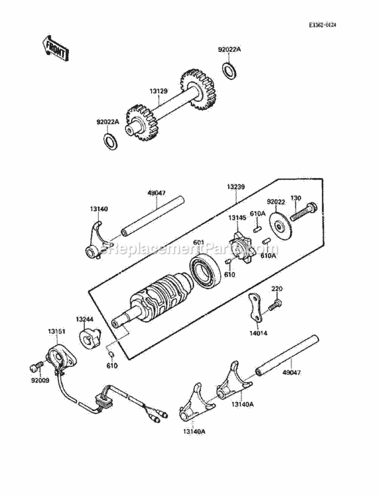 Change Drum/Shift Fork Diagram and Parts List for KLF220-A3 1990 Kawasaki 