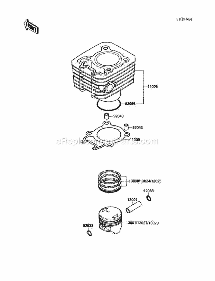 Cylinder/Piston Diagram and Parts List for KLF220-A3 1990 Kawasaki 