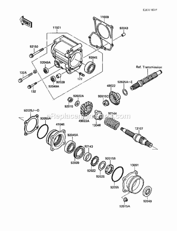 Front Bevel Gear Diagram and Parts List for KLF220-A3 1990 Kawasaki 