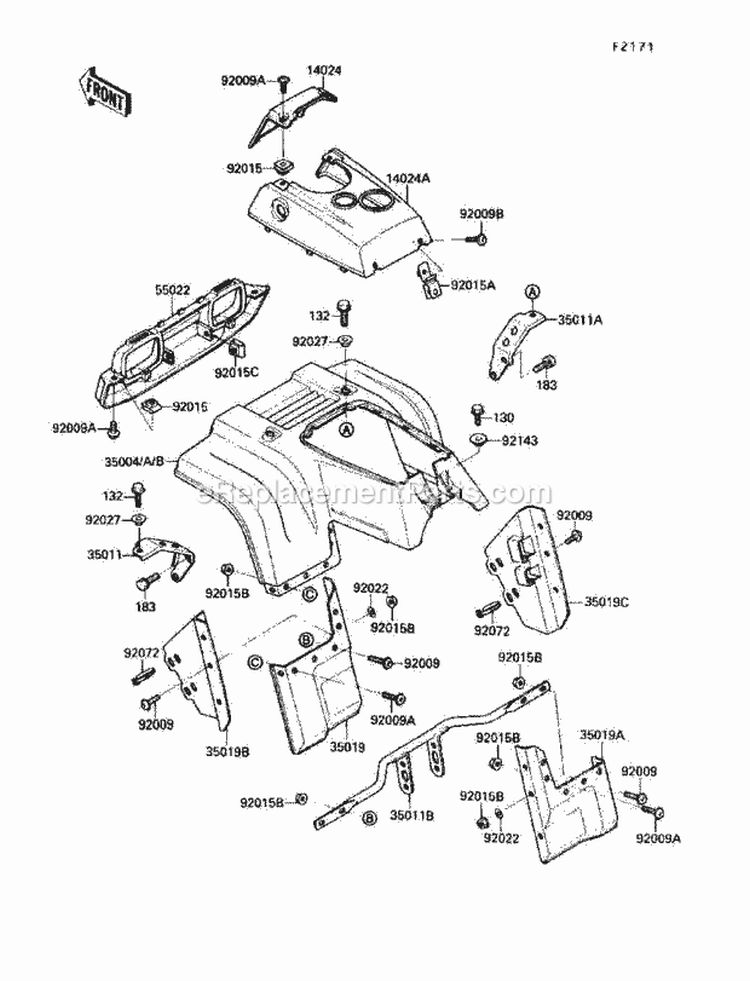 Front Fender Diagram and Parts List for KLF220-A3 1990 Kawasaki 