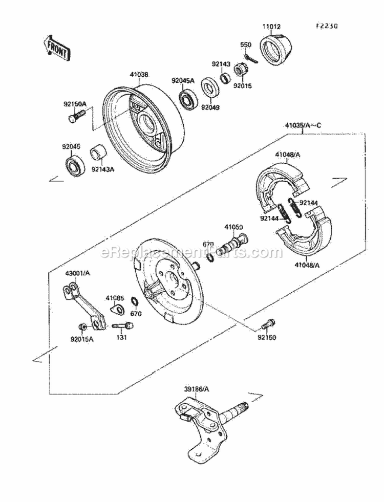 Front Hub Diagram and Parts List for KLF220-A3 1990 Kawasaki 