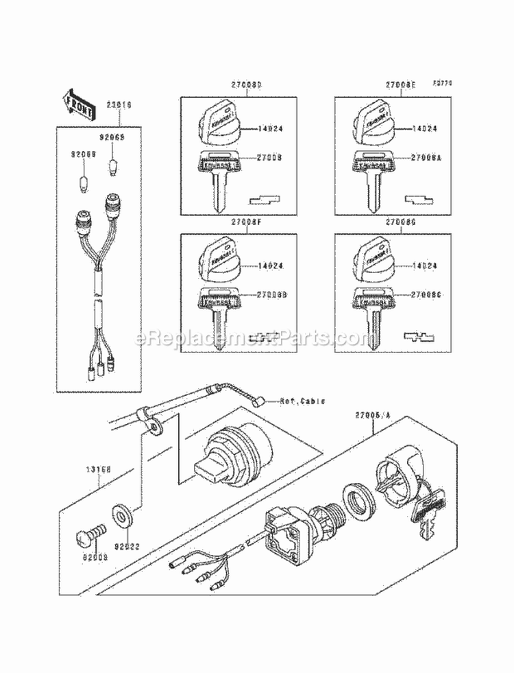 Ignition Switch Diagram and Parts List for KLF220-A9 1996 Kawasaki 