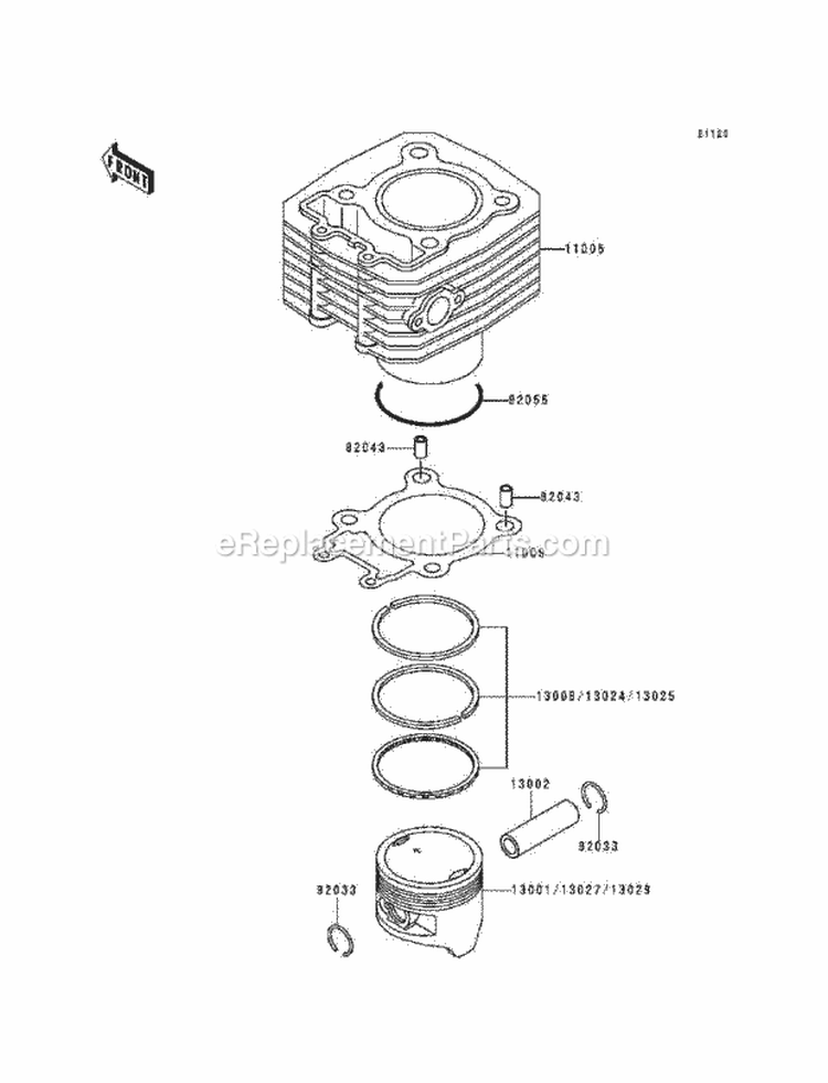 Cylinder/Piston, S Diagram and Parts List for KLF220-A5 1992 Kawasaki 