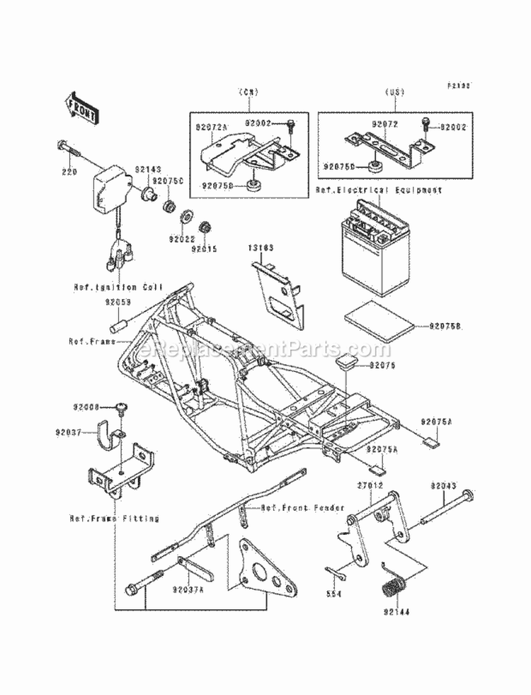 Battery Case Diagram and Parts List for KLF220-A5 1992 Kawasaki 