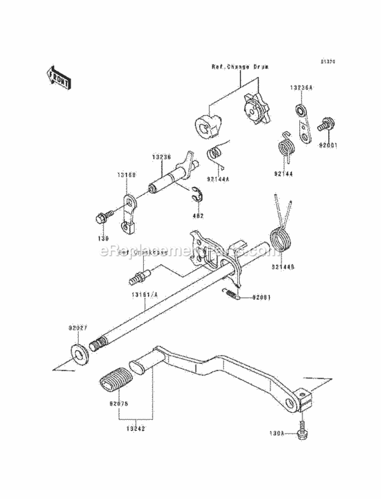 Gear Change Mechanism Diagram and Parts List for KLF220-A9 1996 Kawasaki 