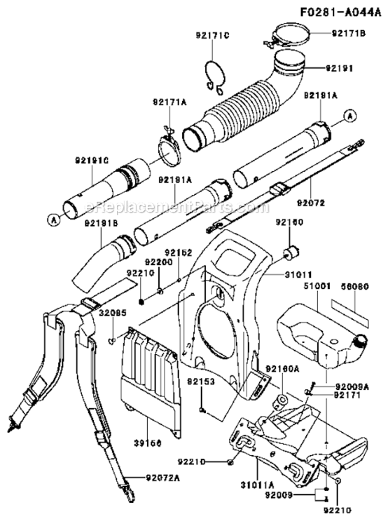 FrameCoupling Diagram and Parts List for KRB650B  Kawasaki Leaf Blower / Vacuum