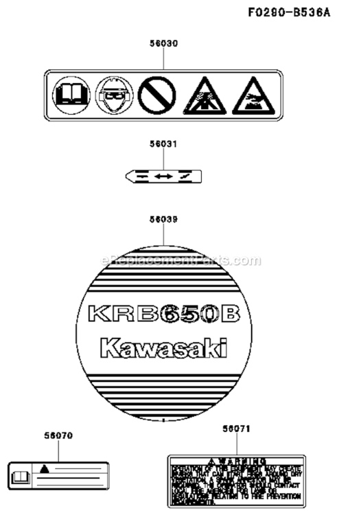 Label Diagram and Parts List for KRB650B  Kawasaki Leaf Blower / Vacuum