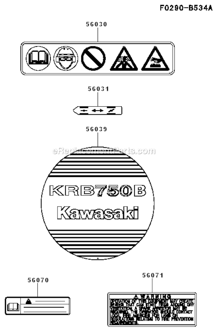 Label Diagram and Parts List for KRB750B  Kawasaki Leaf Blower / Vacuum