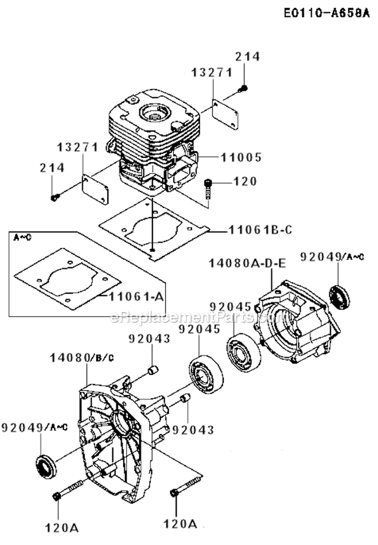 CylinderCrankcase Diagram and Parts List for KRB750B  Kawasaki Leaf Blower / Vacuum