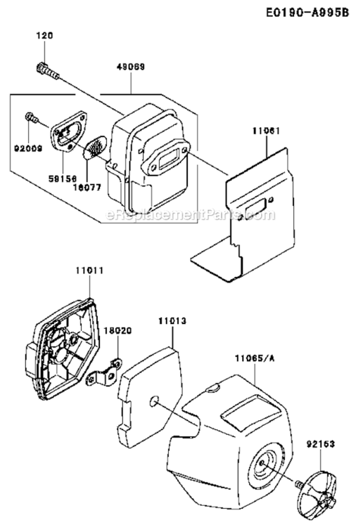AirFilerMuffler Diagram and Parts List for KRH300A  Kawasaki Leaf Blower / Vacuum