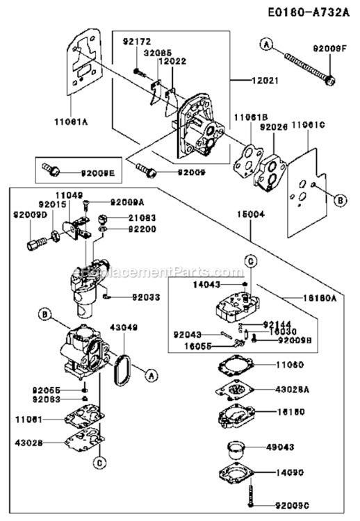 Carburetor Diagram and Parts List for KRH300A  Kawasaki Leaf Blower / Vacuum