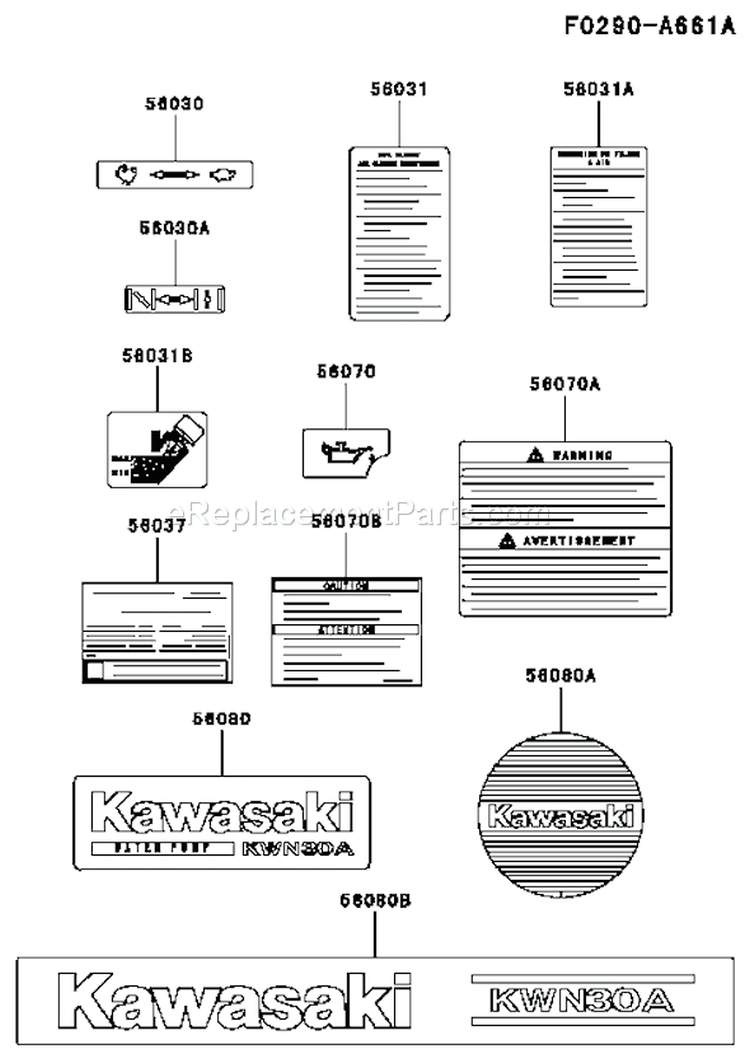 Page J Diagram and Parts List for KWN30A-AS01 HC080A Kawasaki Water Pump