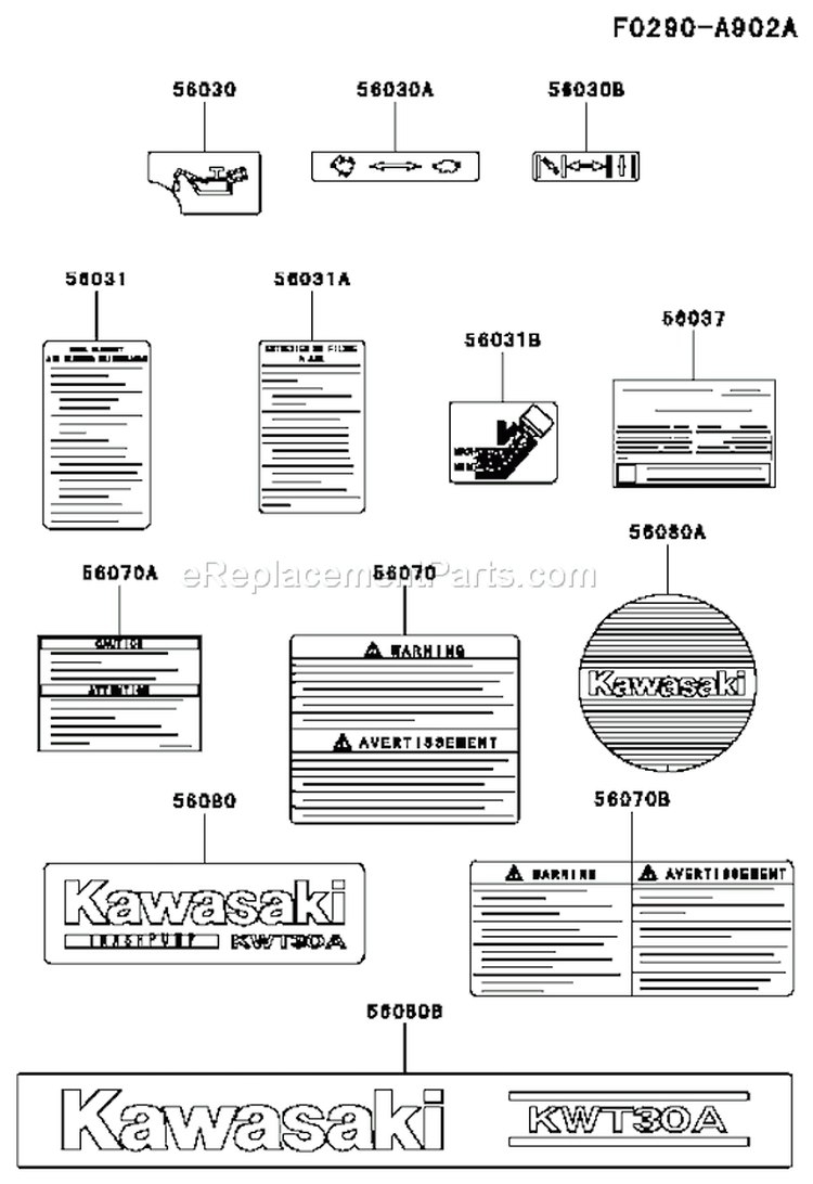 Page K Diagram and Parts List for KWT30A-AS01 HF080A Kawasaki Water Pump