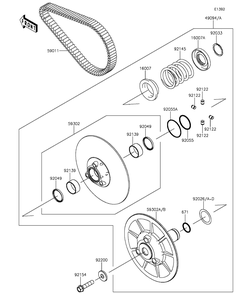 Driven Converter/Drive Belt Diagram and Parts List for KAF820AFF 2015 Kawasaki Lawn Tractor Accessories
