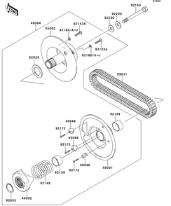 Driven Converter/Drive Belt Diagram and Parts List for KAF400AFF 2015 Kawasaki Lawn Tractor Accessories