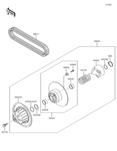 Driven Converter/Drive Belt Diagram and Parts List for KAF620VGF 2016 Kawasaki Lawn Tractor Accessories