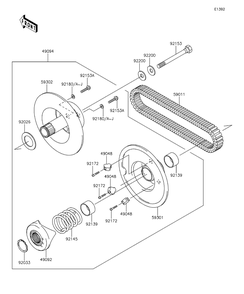 Driven Converter/Drive Belt Diagram and Parts List for KAF400EDF 2013 Kawasaki Lawn Tractor Accessories