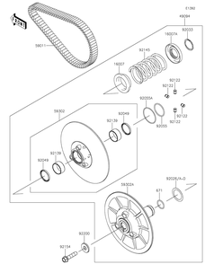Driven Converter/Drive Belt Diagram and Parts List for KAF1000JMFNN 2021 Kawasaki Lawn Tractor Accessories